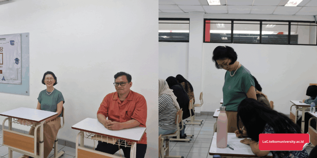 Ibu Hyewon Lee dan Bapak Abdul Karim sebagai juri lomba menulis bahasa Korea tahun 2025 (kiri) dan Ibu Hyewon Lee mengawasi proses perlombaan (kanan)