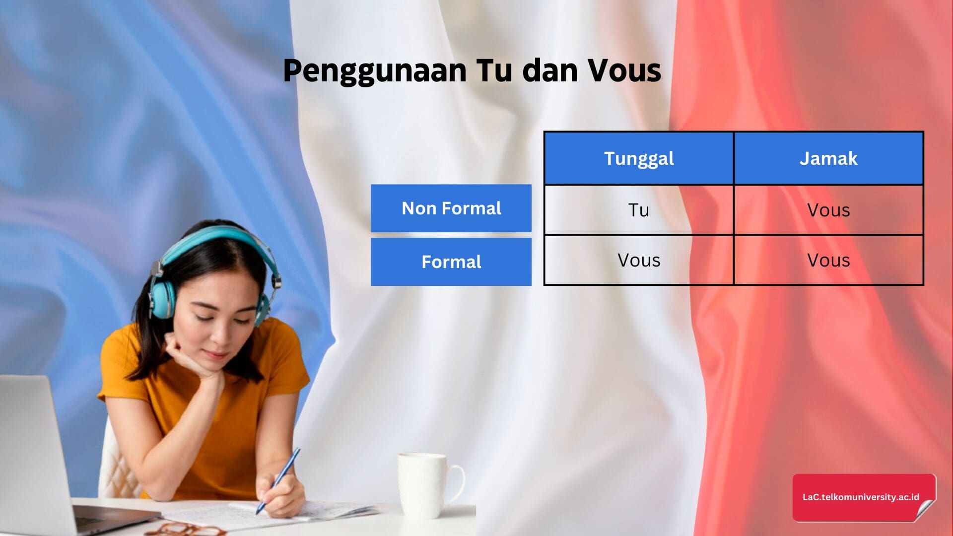 Infografis perbedaan penggunaan Tu dan Vous dalam bahasa Prancis