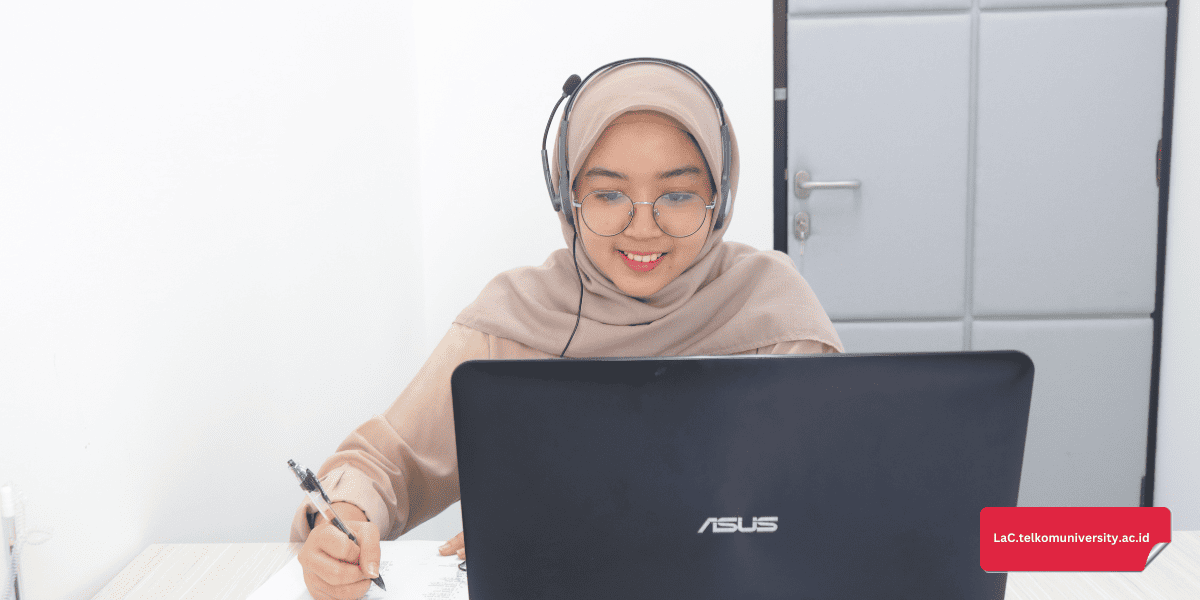 Ilustrasi mahasiswa belajar bahasa Prancis online menggunakan laptop