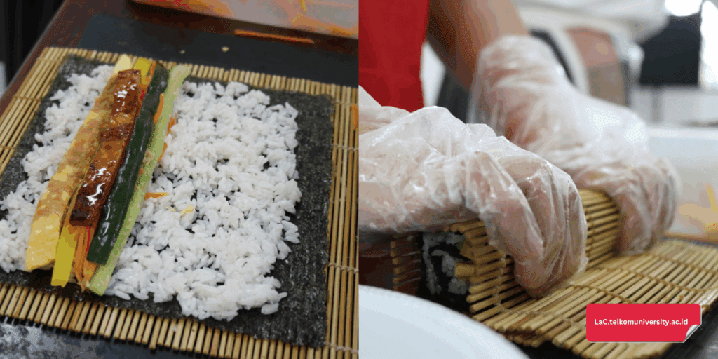 Bahan isian disusun di atas nasi pada satu sisi (kiri) dan Kimbap digulung secara perlahan hingga padat (kanan)