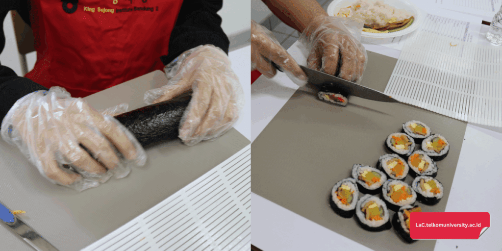 Minyak wijen dibaluri ke seluruh permukaan Kimbap menggunakan tangan (kiri) dan Kimbap dipotong menggunakan pisau yang telah dibaluri minyak wijen (kanan)