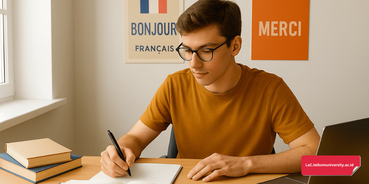 Ilustrasi mahasiswa sedang belajar bahasa Prancis dengan buku dan laptop