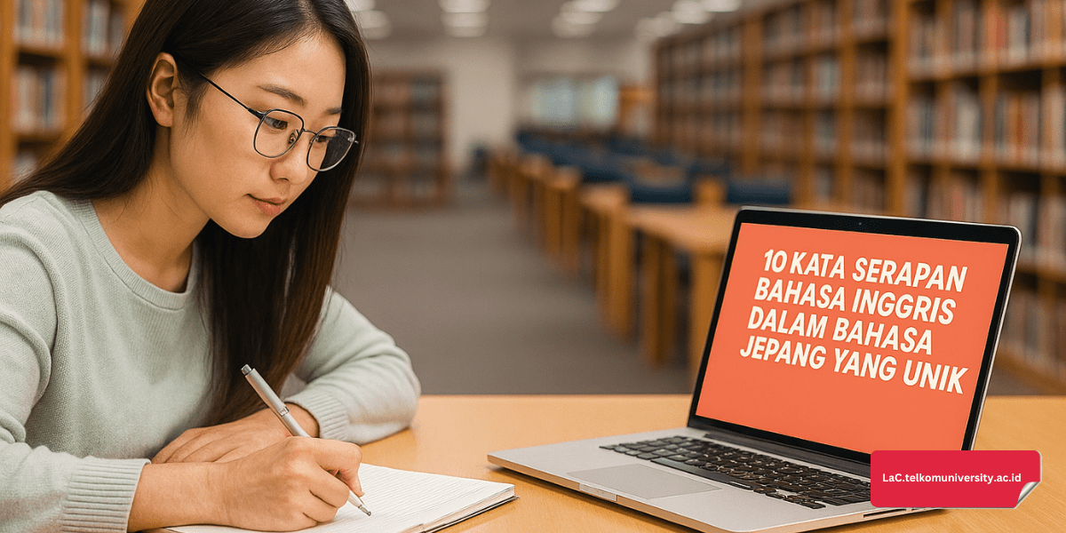 Seorang wanita sedang belajar kata serapan bahasa Inggris dalam bahasa Jepang di perpustakaan