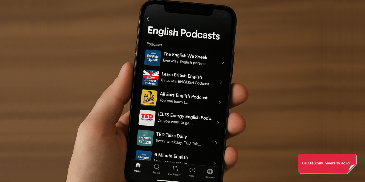 Tampilan layar ponsel memperlihatkan daftar channel podcast bahasa Inggris populer