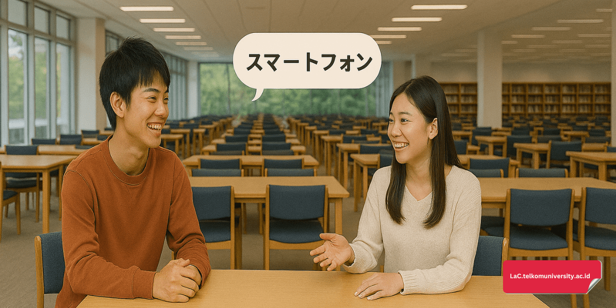 Dua mahasiswa Jepang sedang mengobrol menggunakan kata serapan