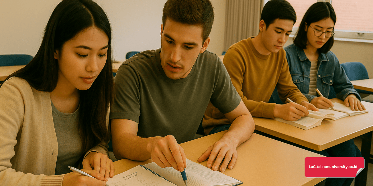 Beberapa mahasiswa mempelajari kosakata bahasa Jepang sebelum liburan ke Jepang