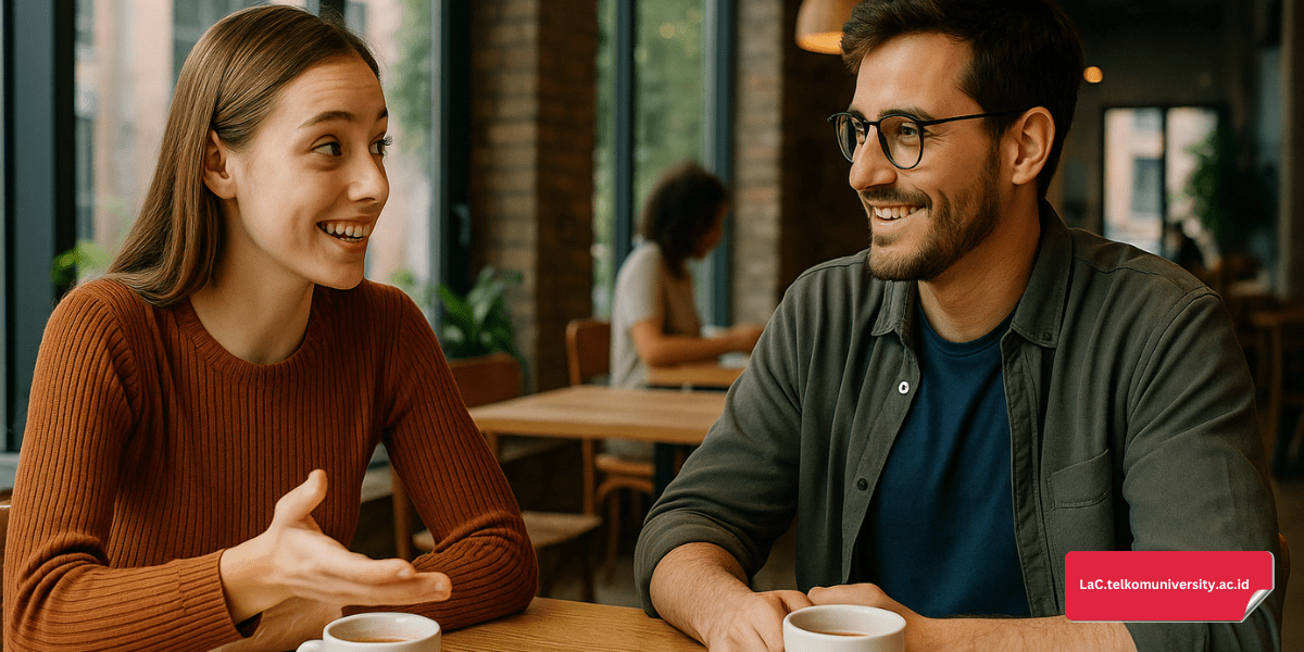 Dua mahasiswa berbicara bahasa Prancis di kafe dengan suasana santai