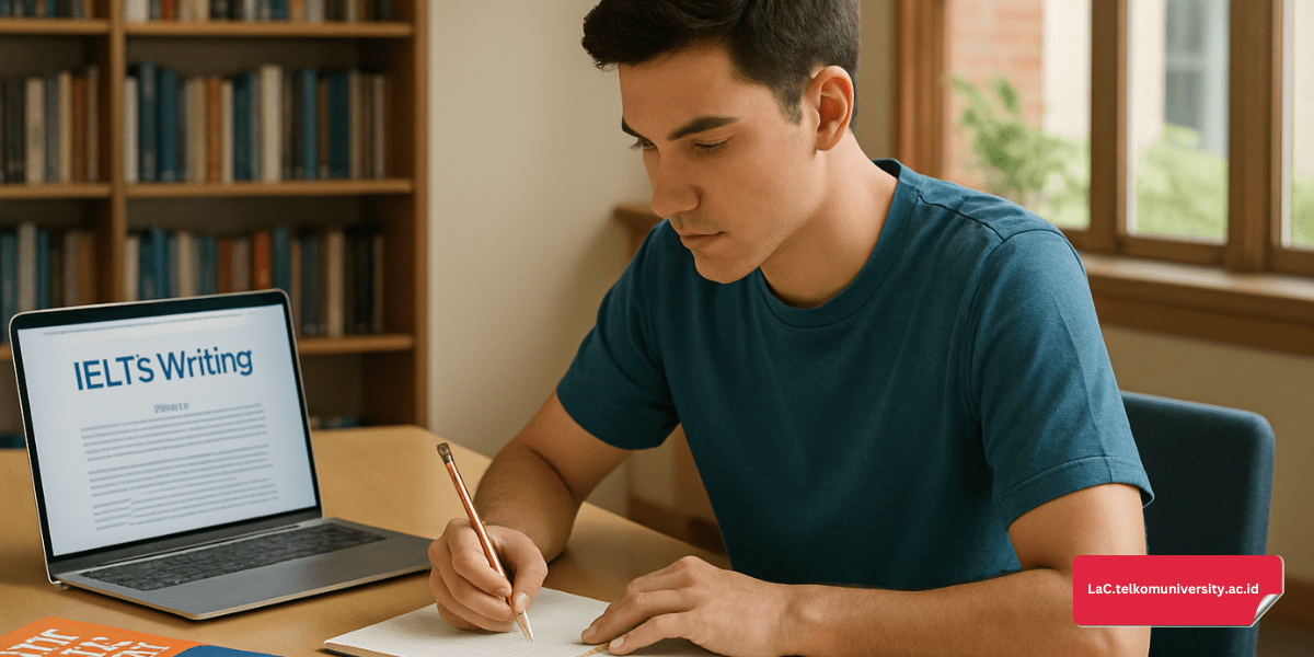 Ilustrasi mahasiswa sedang menulis esai untuk latihan IELTS