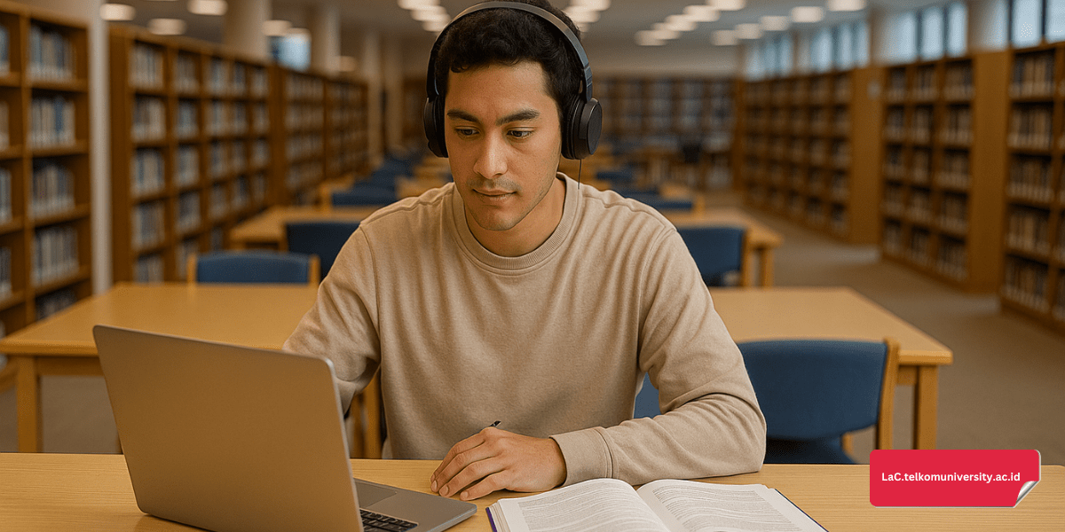 Mahasiswa duduk dengan laptop dan buku latihan IELTS sedang mengerjakan latihan Reading di perpustakaan kampus
