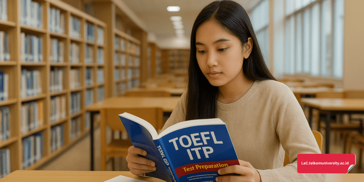 Mahasiswa sedang belajar TOEFL ITP dengan buku panduan di perpustakaan