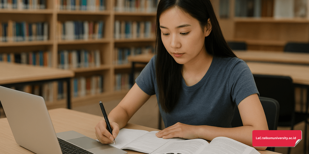Mahasiswa sedang belajar untuk persiapan tes TOEIC dengan buku dan laptop