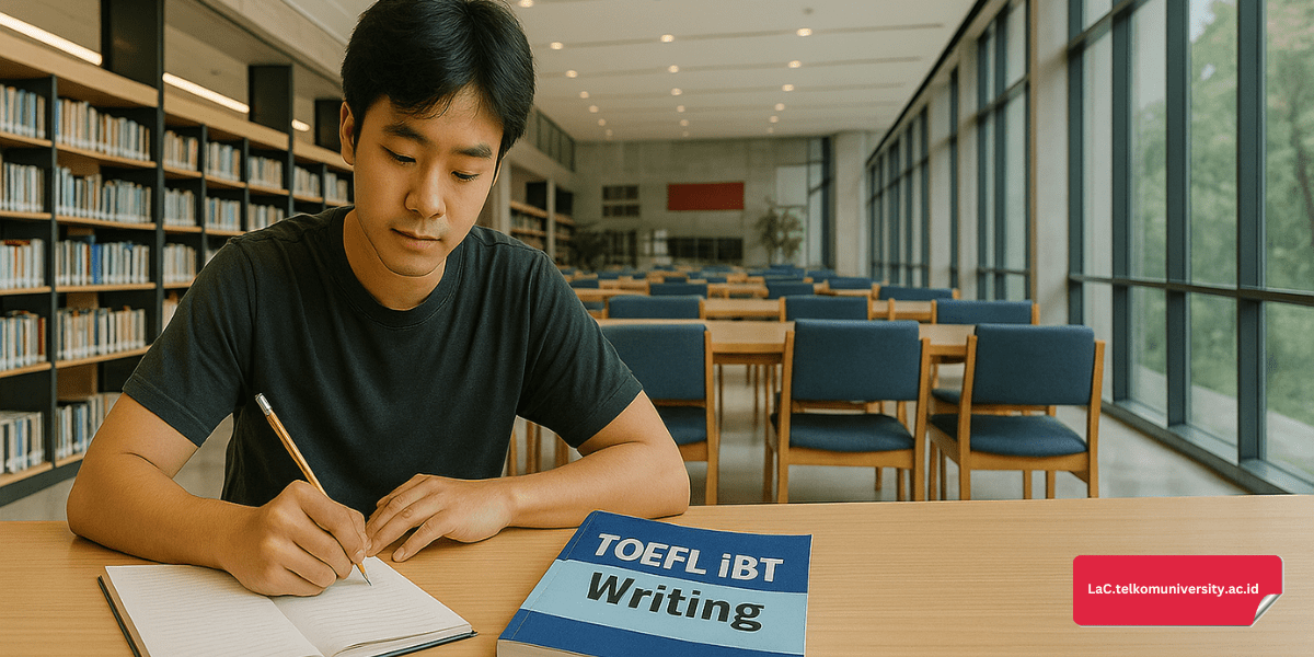 Mahasiswa sedang berlatih menulis esai TOEFL iBT di perpustakaan