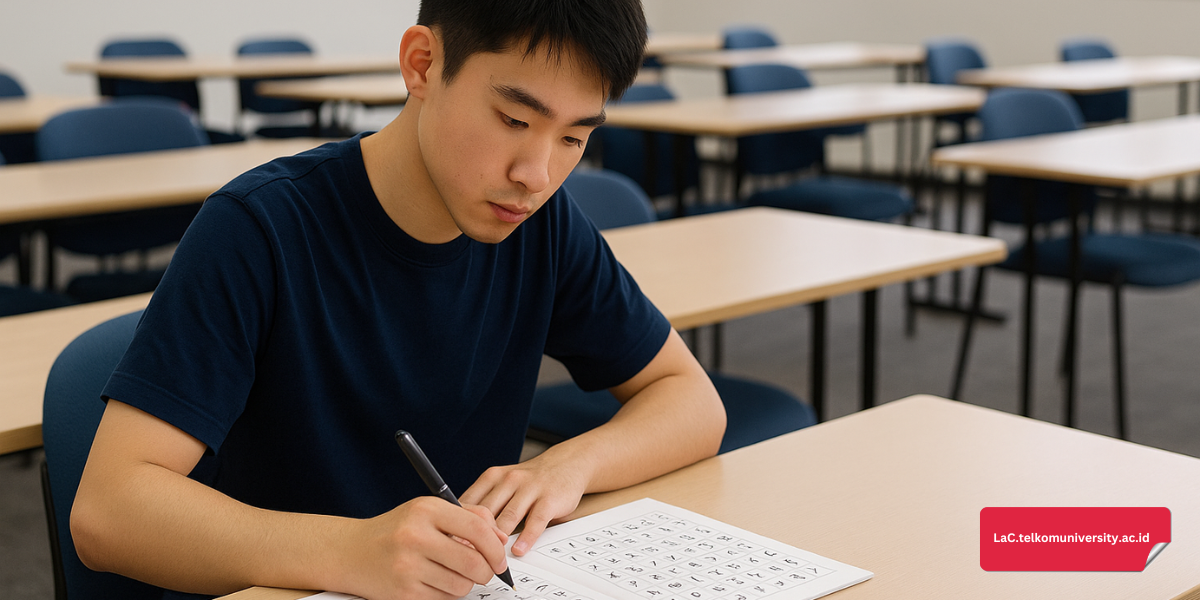 Mahasiswa sedang menulis huruf hiragana dan katakana pada buku latihan di ruang kelas