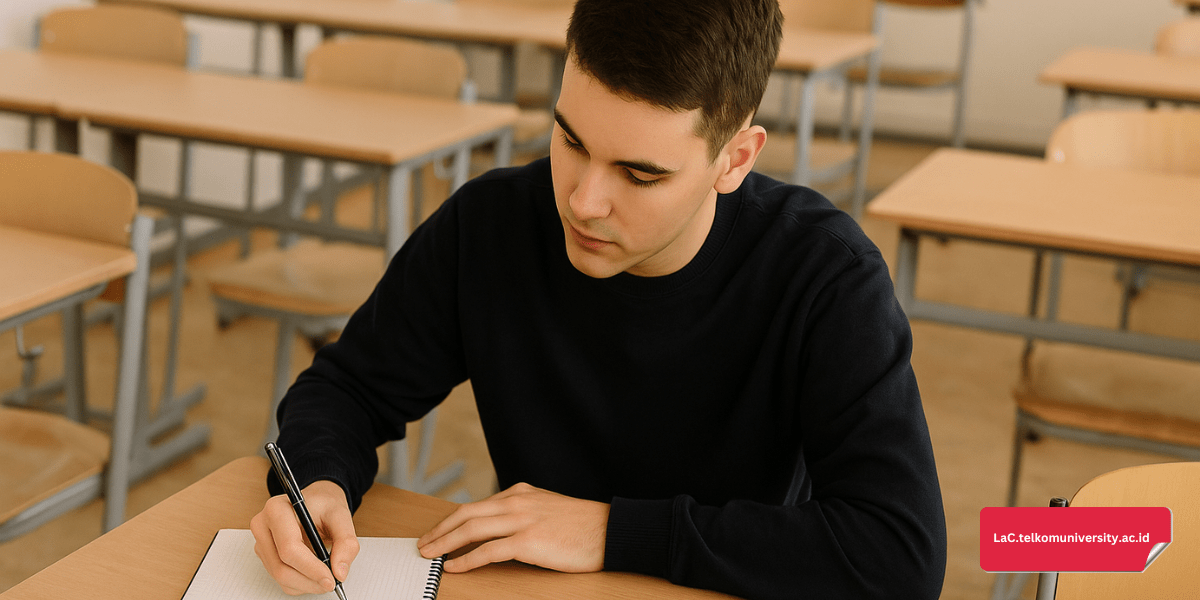 Seorang mahasiswa sedang menulis kalimat bahasa Prancis di buku latihan di dalam kelas