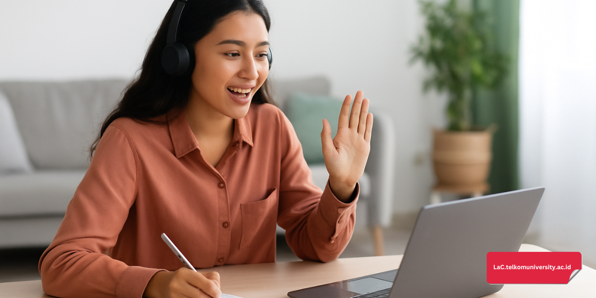 Seorang wanita sedang berbicara di depan laptop sambil mencatat sesuatu