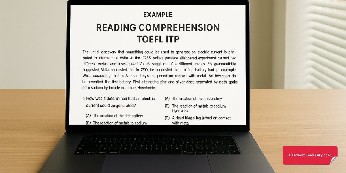 Contoh soal Reading Comprehension TOEFL ITP di layar laptop