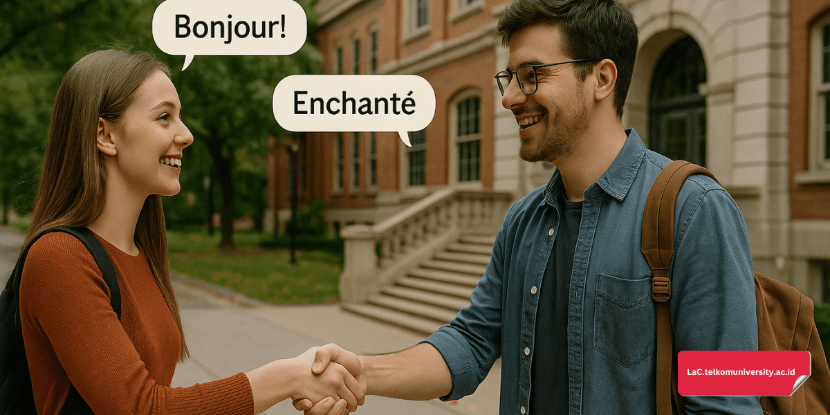 Dua mahasiswa baru sedang berkenalan menggunakan bahasa Prancis di depan kampus