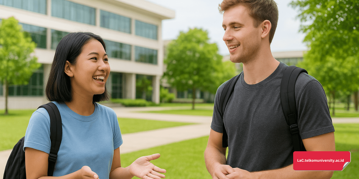 Ilustrasi mahasiswa percaya diri berbicara bahasa Inggris dengan teman asing