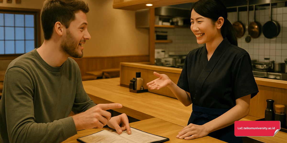  Ilustrasi wisatawan memesan makanan di restoran Jepang menggunakan bahasa Jepang