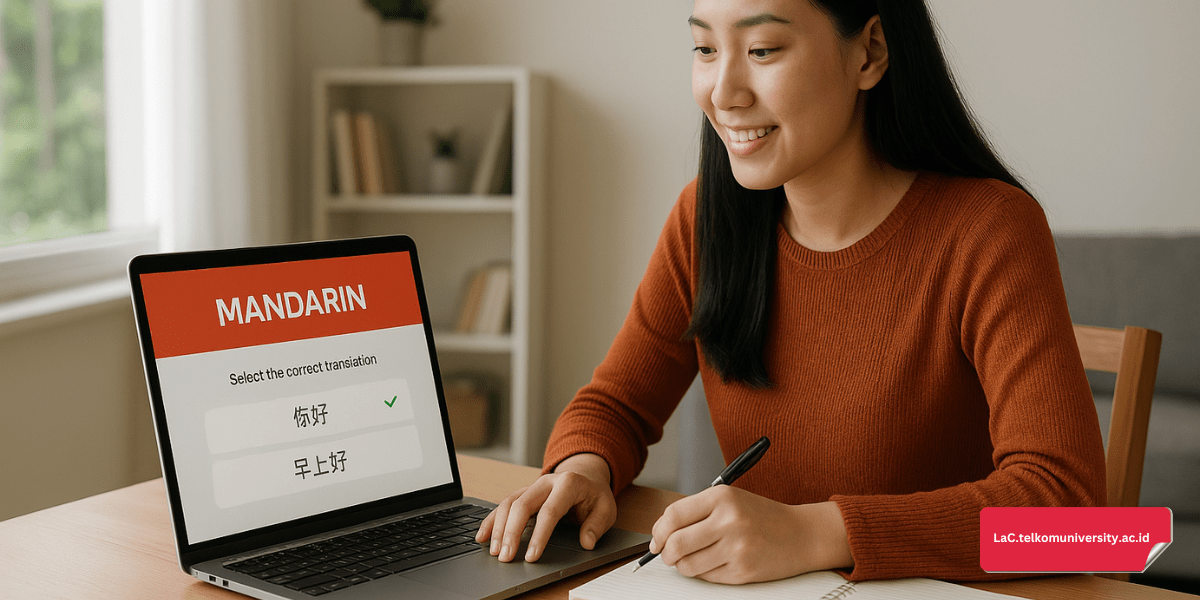 Mahasiswa menggunakan aplikasi belajar bahasa Mandarin di laptop sambil mencatat
