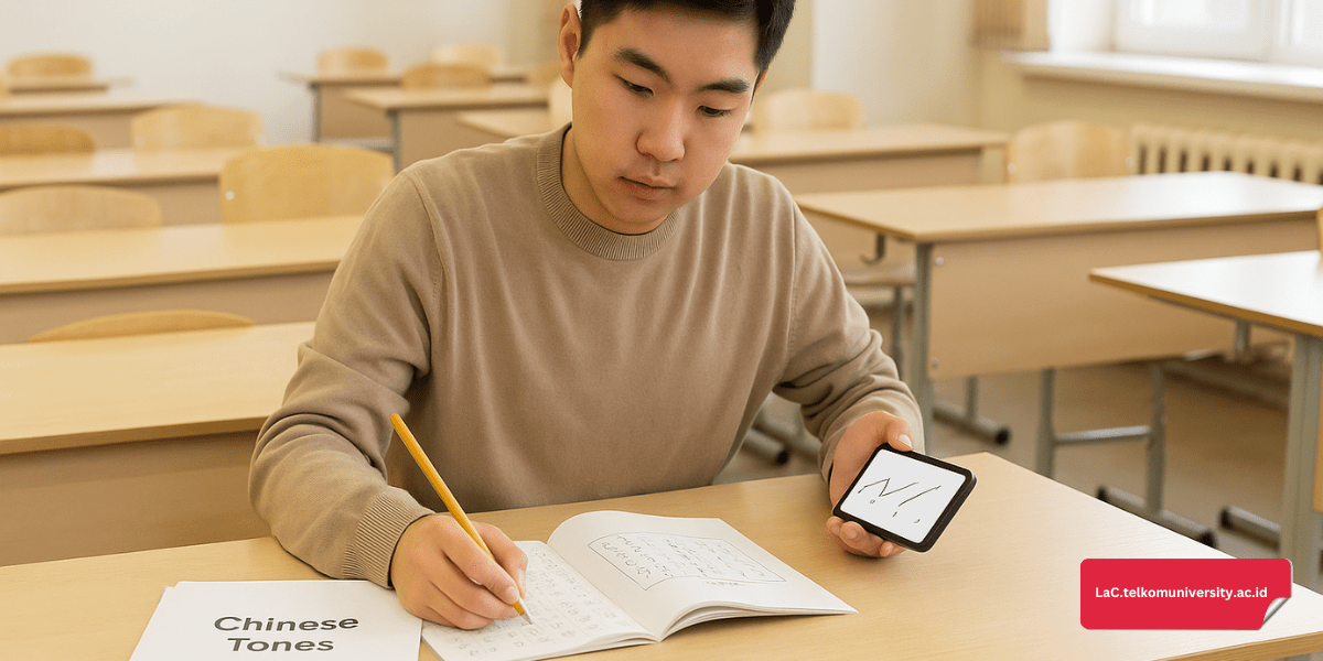 Mahasiswa sedang belajar nada Mandarin menggunakan buku dan aplikasi di ruang kelas