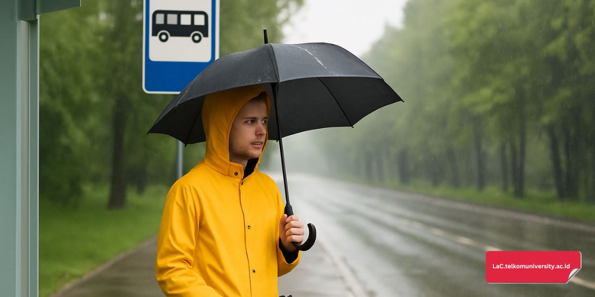 Seorang pria berjaket sedang menunggu bus di halte dan memegang payung