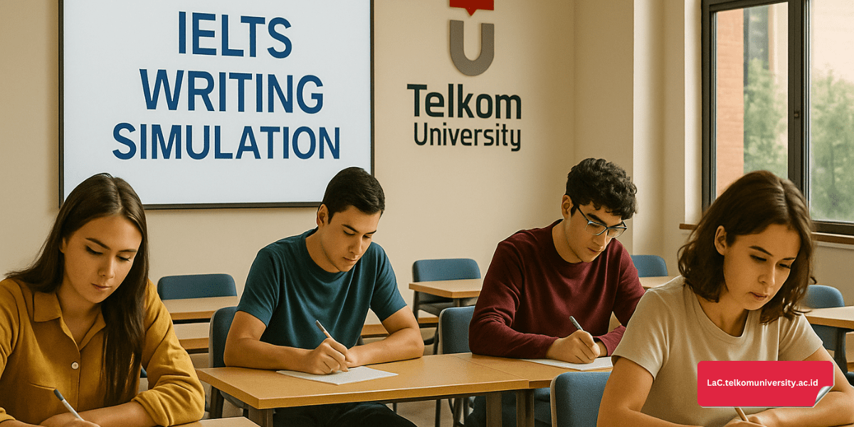 Simulasi tes IELTS Writing di ruang kelas Pusat Bahasa Telkom University