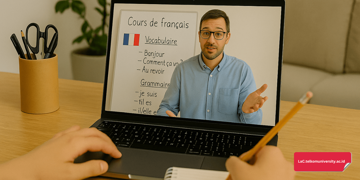 Instruktur kursus bahasa Prancis Pusat Bahasa Telkom University sedang menyampaikan materi secara daring