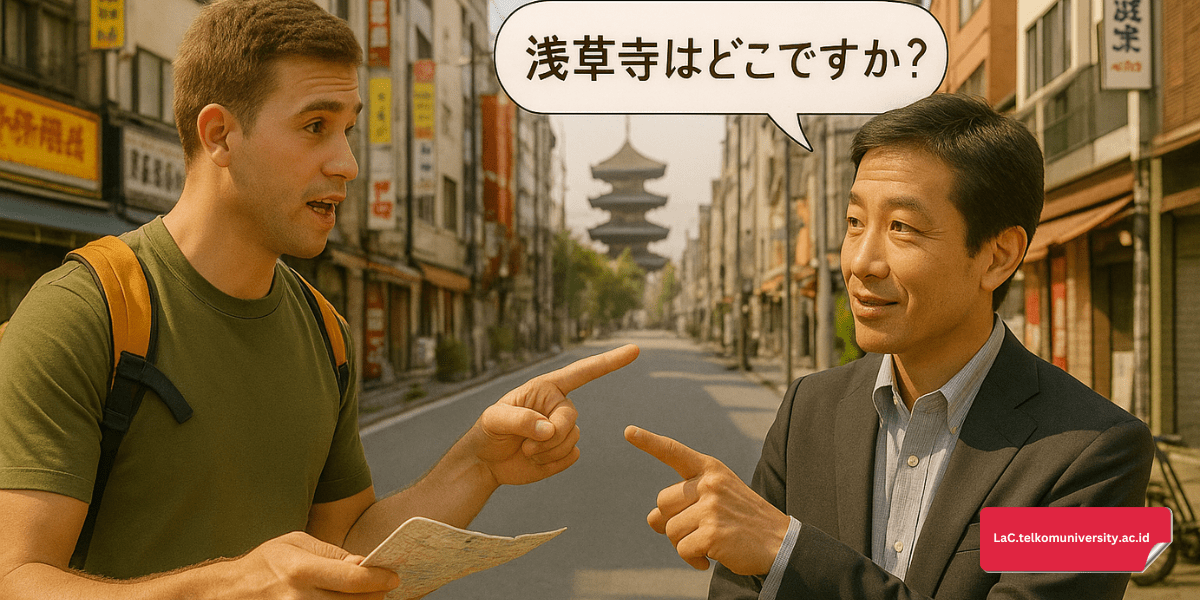 Turis bertanya arah ke penduduk lokal di Jepang menggunakan bahasa Jepang