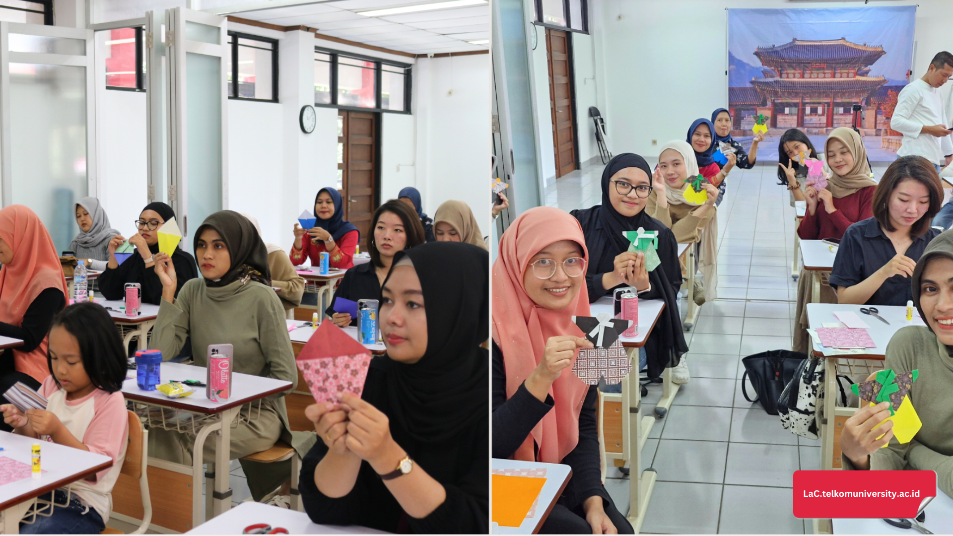 Suasana saat membuat origami Hanbok (kiri) dan setelah selesai membuat origami (kanan)