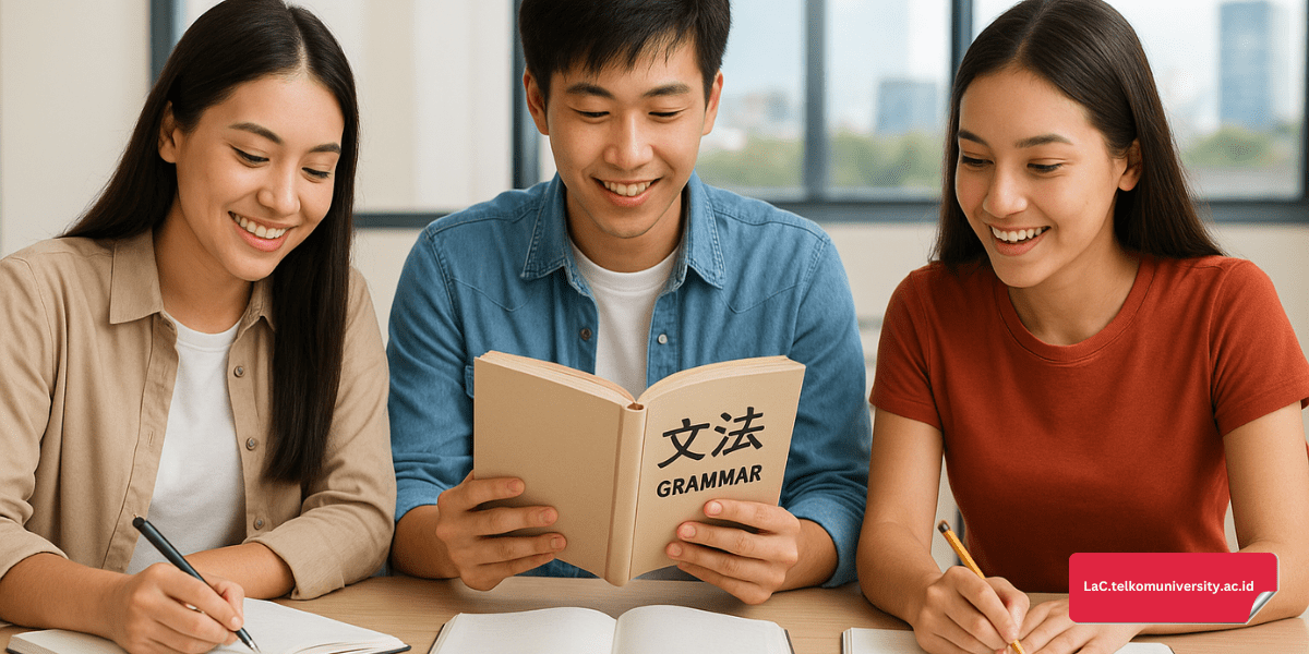Beberapa mahasiswa sedang belajar grammar dasar bahasa Jepang dengan buku catatan