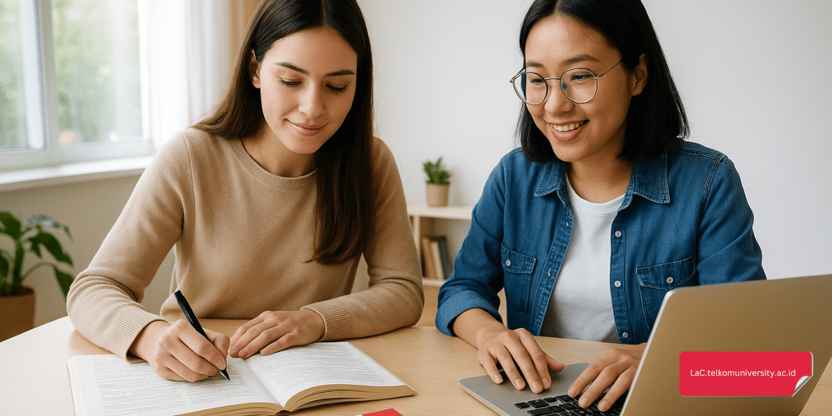 Dua mahasiswa sedang belajar kategori kata benda bahasa Prancis dengan buku dan laptop