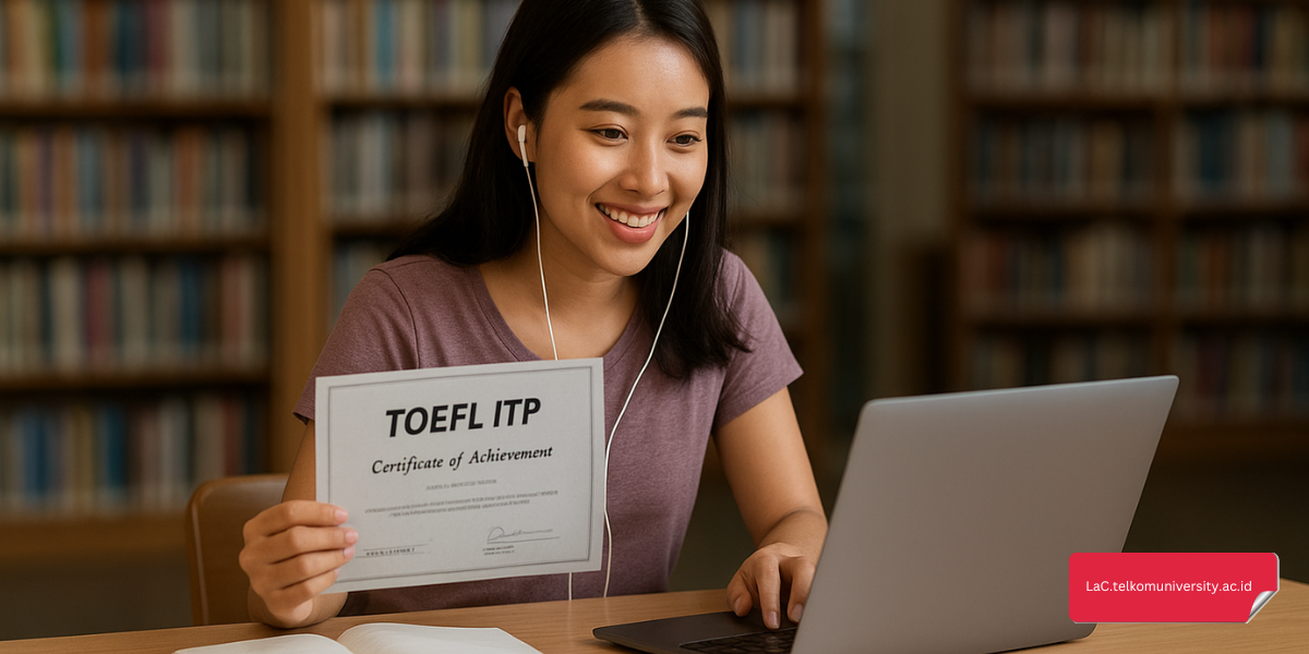 Seorang pelajar sedang memperlihatkan sertifikat TOEFL ITP resmi kepada temannya