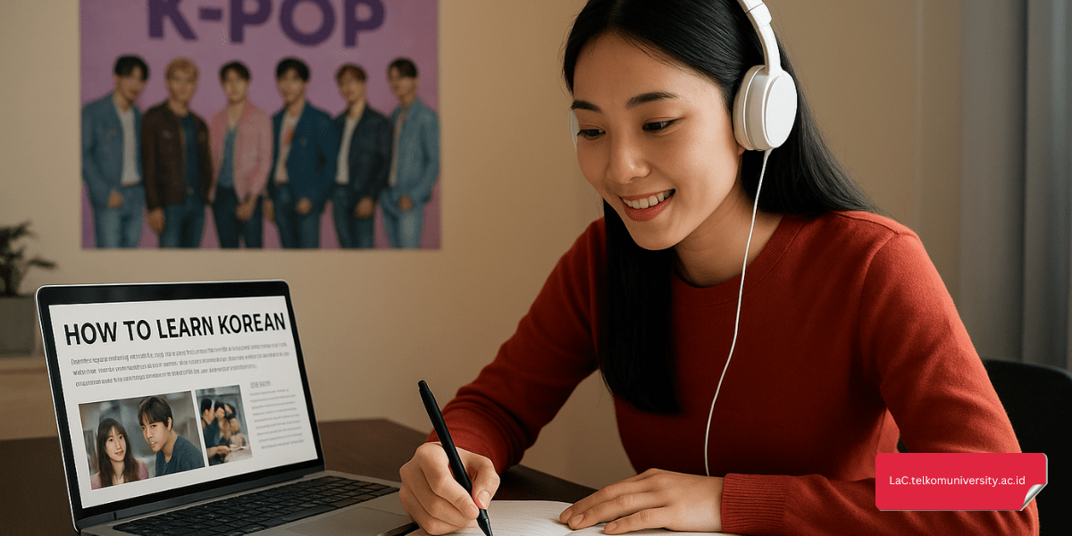 Seorang wanita sedang belajar bahasa Korea melalui musik K-Pop dan materi di laptop