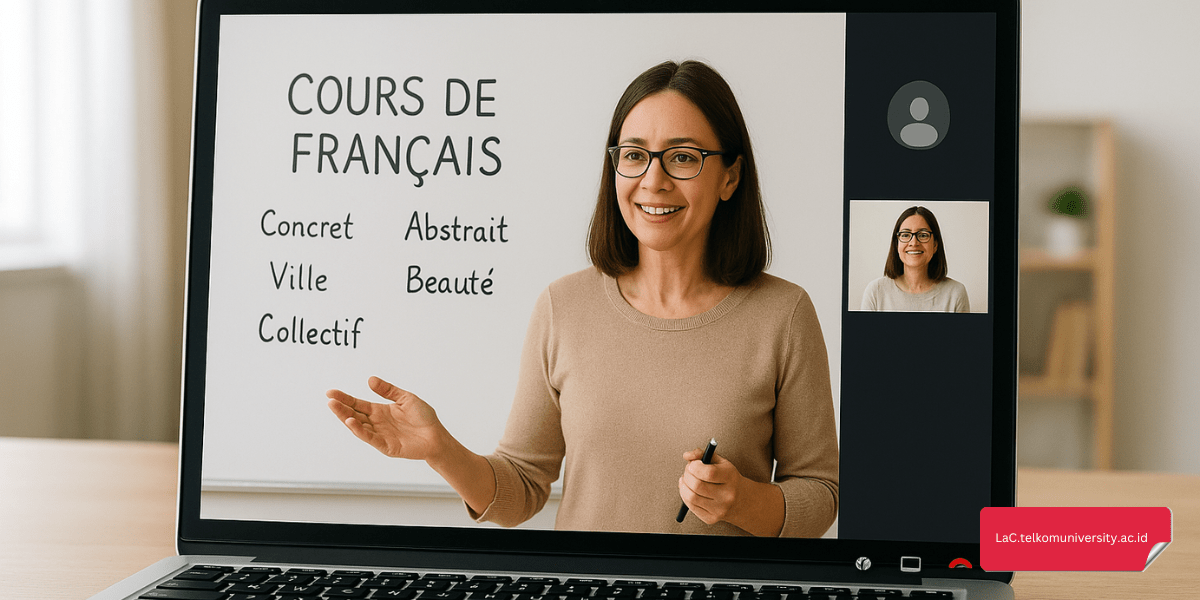 Instruktur bahasa Prancis dasar dalam kelas daring Pusat Bahasa Telkom University sedang menjelaskan materi