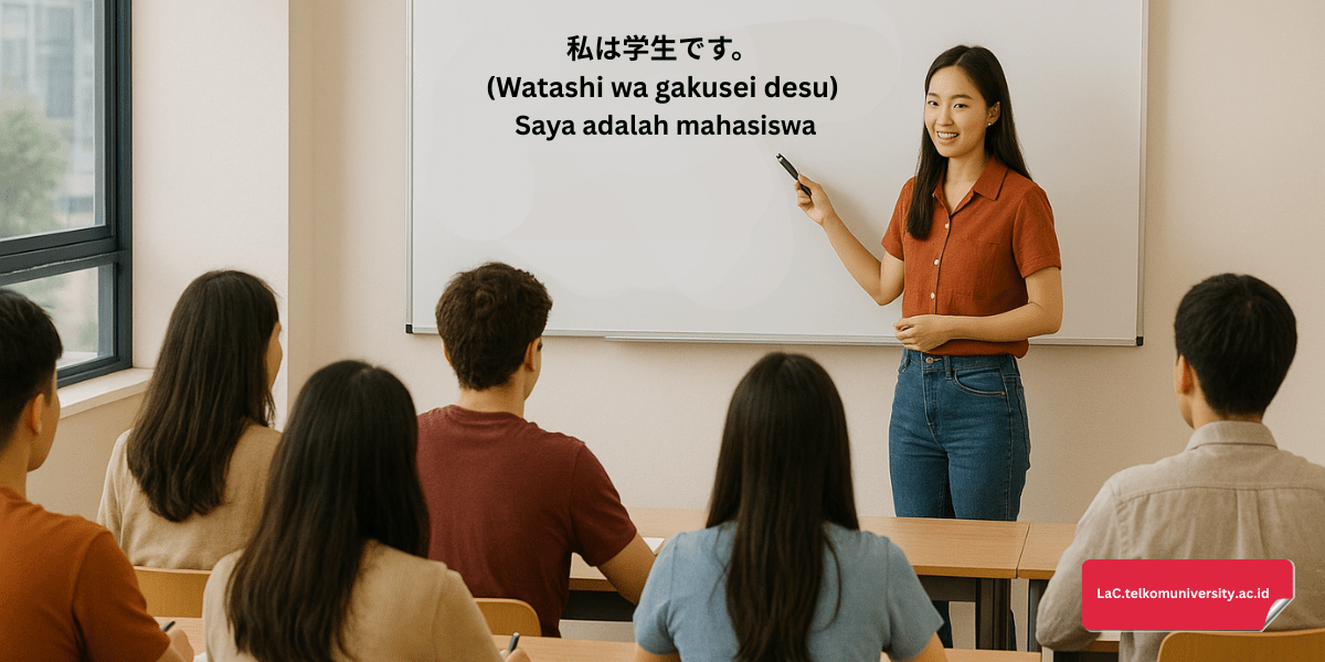 Instruktur kursus sedang mengajar contoh kalimat sederhana bahasa Jepang di depan kelas dengan banyak peserta kursus yang sedang mendengarkan
