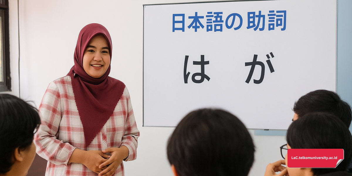 Ilustrasi guru menjelaskan partikel wa dan ga di kelas Bahasa Jepang