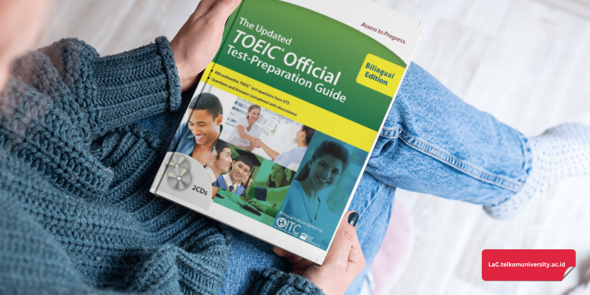 Mahasiswa berlatih reading comprehension TOEIC menggunakan buku resmi ETS.