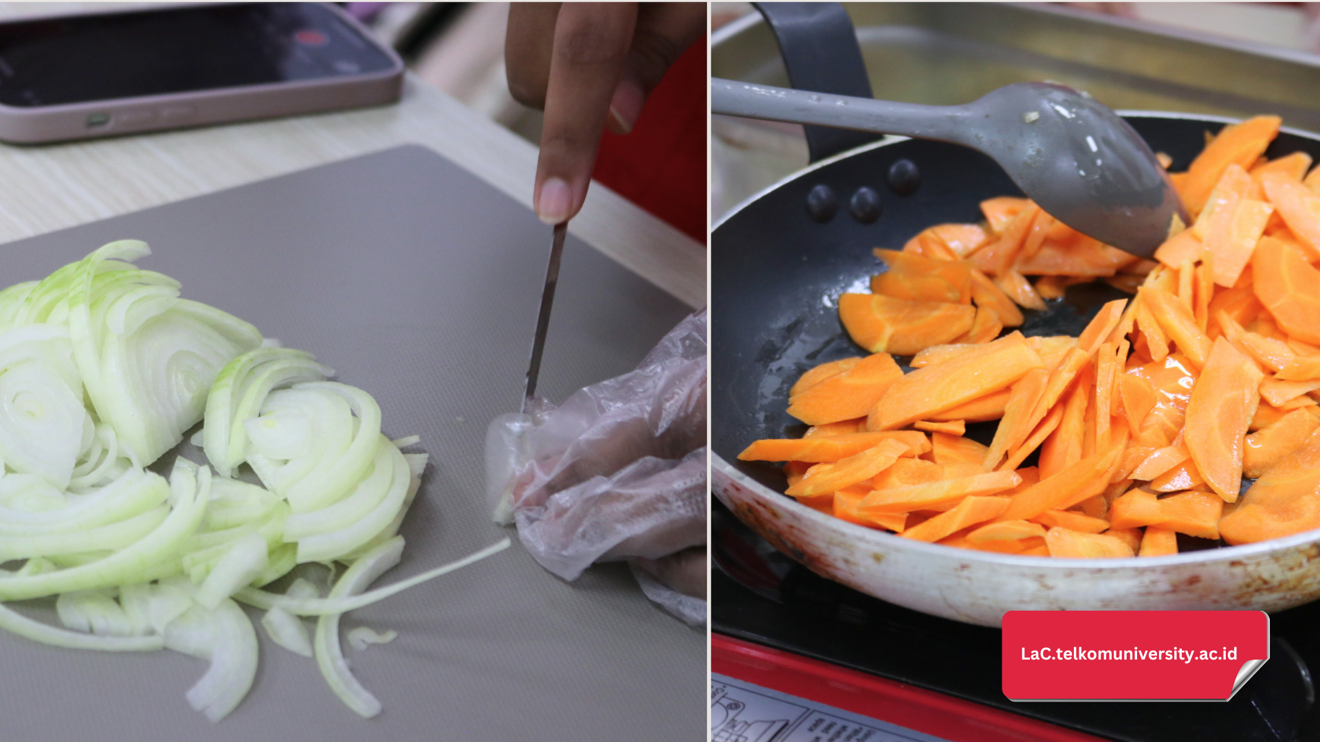 Mengiris bawang bombay (kiri) dan menumis sayuran (kanan) untuk Japchae
