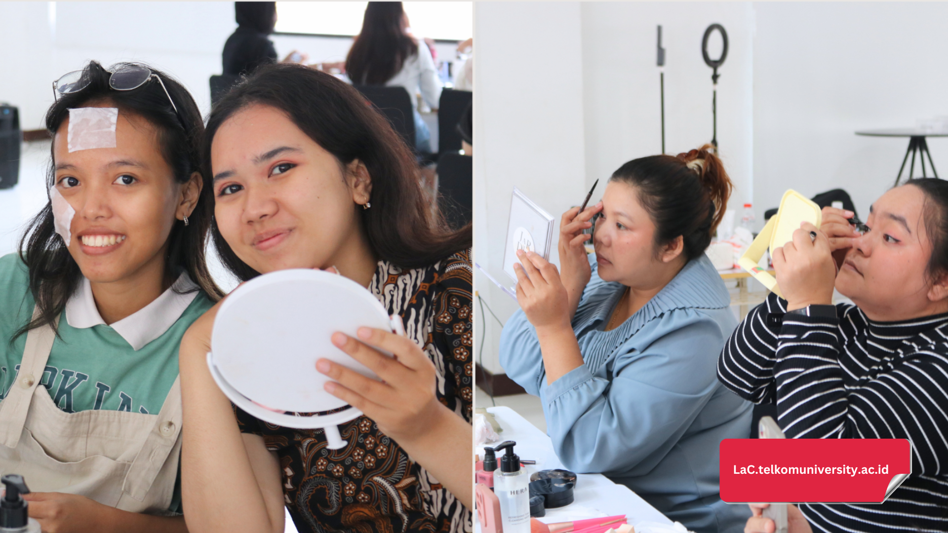 Peserta mengaplikasikan skincare (kiri) dan menggunakan make up (kanan)