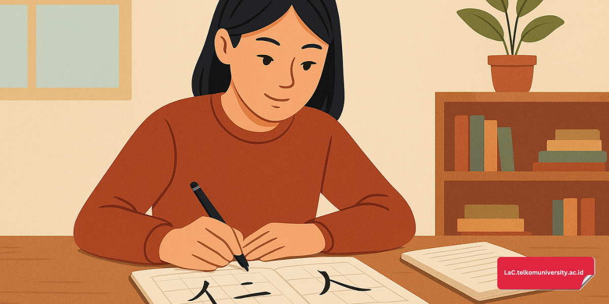 Siswa sedang menulis karakter Hanzi di buku latihan