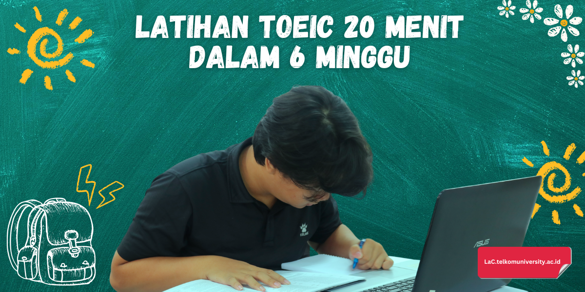 ilustrasi siswa belajar TOEIC dengan catatan latihan harian

