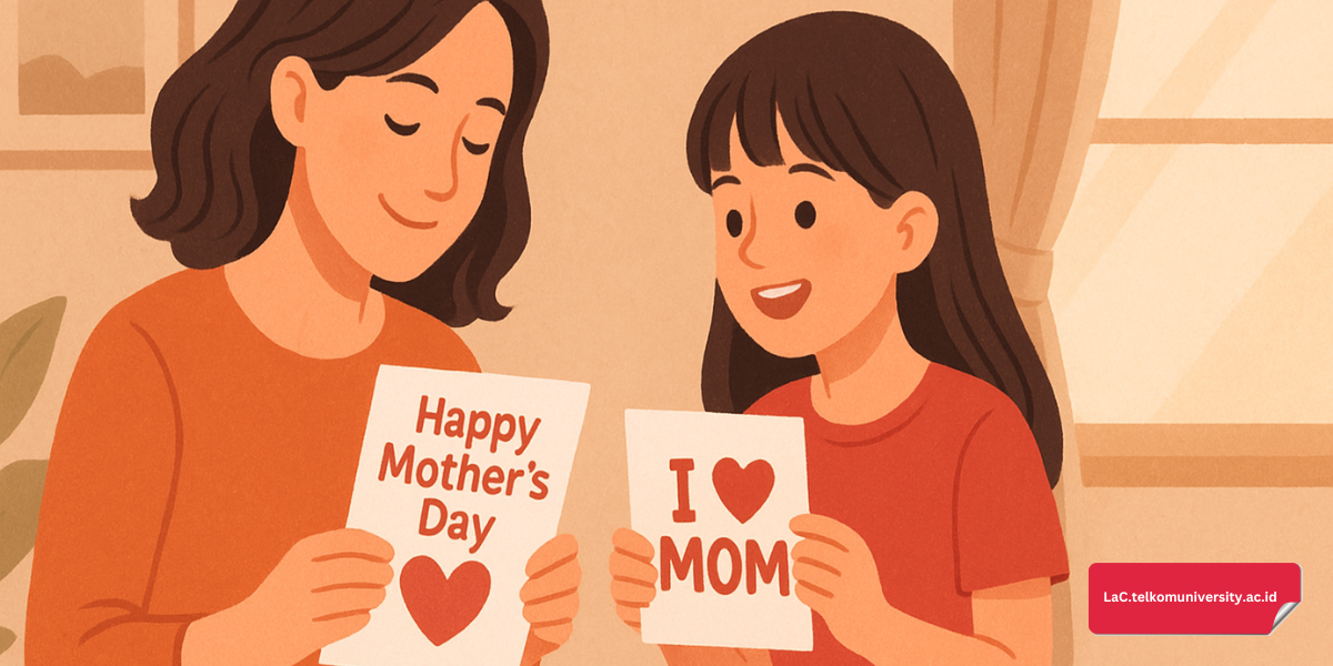 Ilustrasi ibu dan anak bertukar kartu ucapan Hari Ibu dalam bahasa Inggris