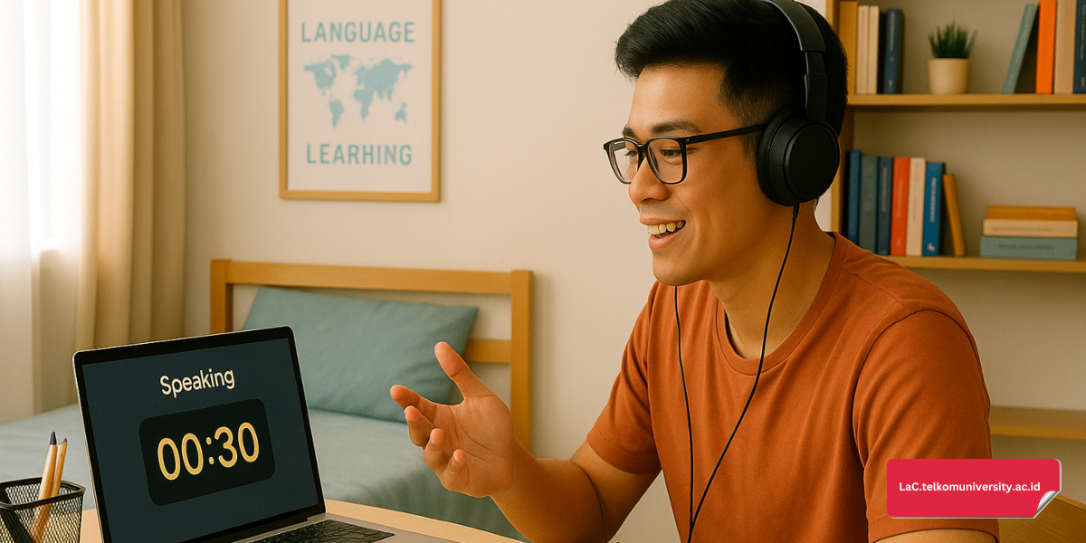 Ilustrasi kandidat IELTS sedang latihan speaking membahas topik teknologi