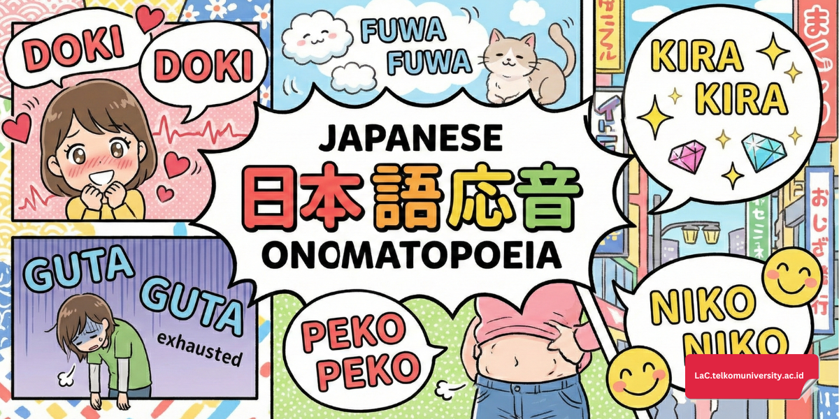 Ilustrasi onomatopoeia bahasa Jepang dengan contoh kata-kata unik seperti dokidoki dan fuwafuwa