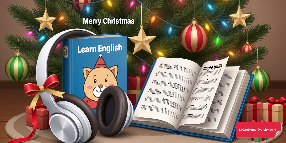 Ilustrasi suasana Natal dengan lirik lagu bahasa Inggris