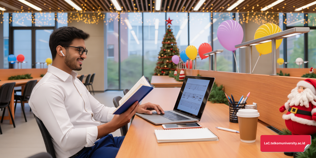 Mahasiswa belajar bahasa Inggris melalui lagu Natal di kelas kampus modern