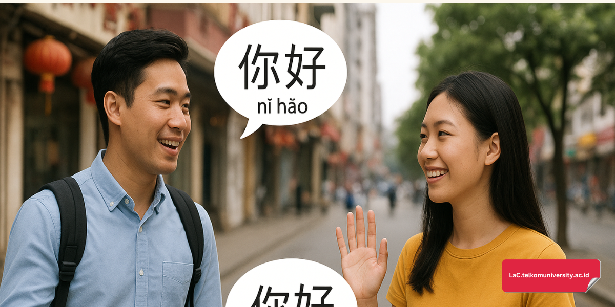 sapaan dasar dalam bahasa Mandarin seperti ni hao dengan ilustrasi percakapan