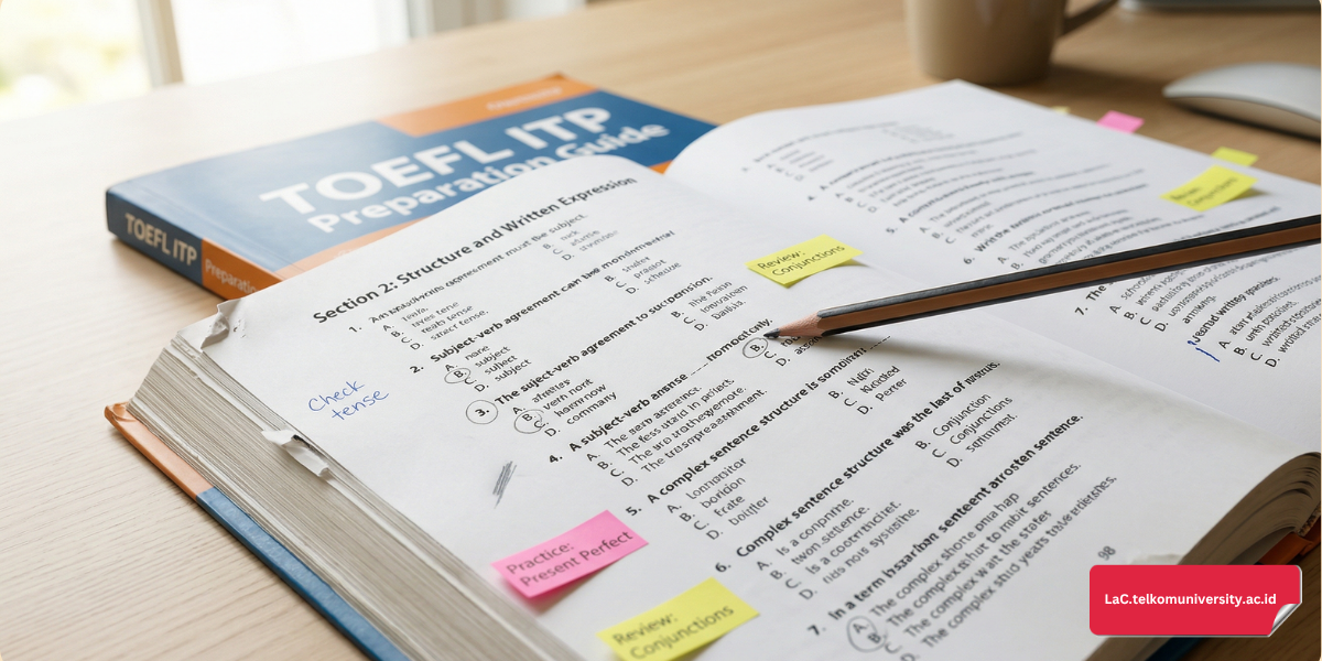 Buku latihan TOEFL ITP terbuka di halaman section structure and written expression dengan soal grammar