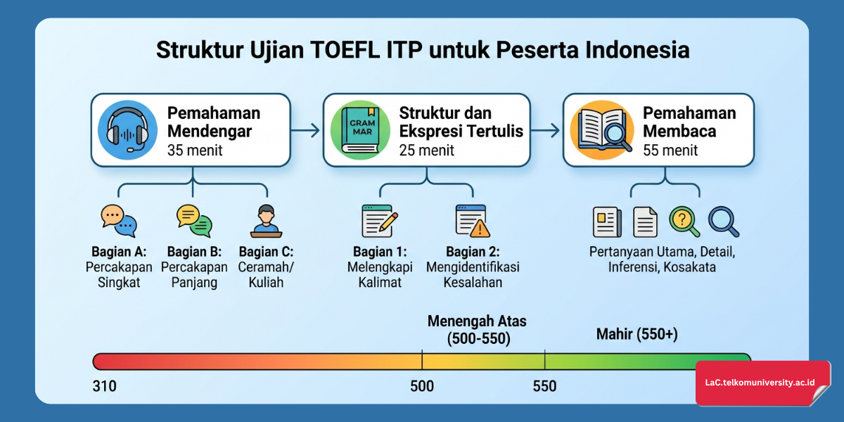 Diagram struktur tes TOEFL ITP yang terdiri dari Listening Comprehension, Structure and Written Expression, dan Reading Comprehension beserta rentang skor 310-677